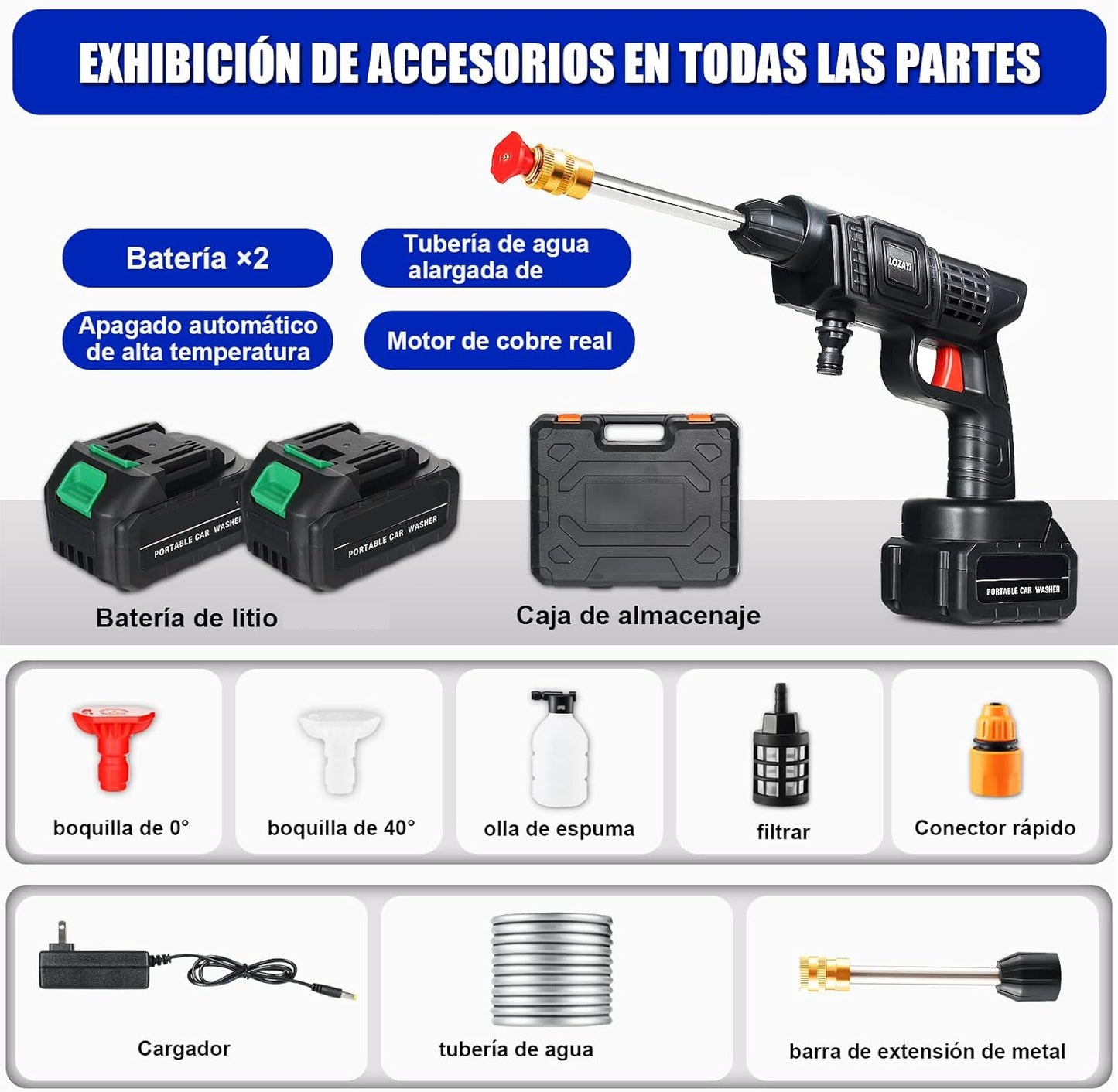 Kit Hidrolavadora Inalámbrica con 2 Baterías + Juego de Herramientas Rachet 40 Piezas – Potencia y Versatilidad en un Solo Pack