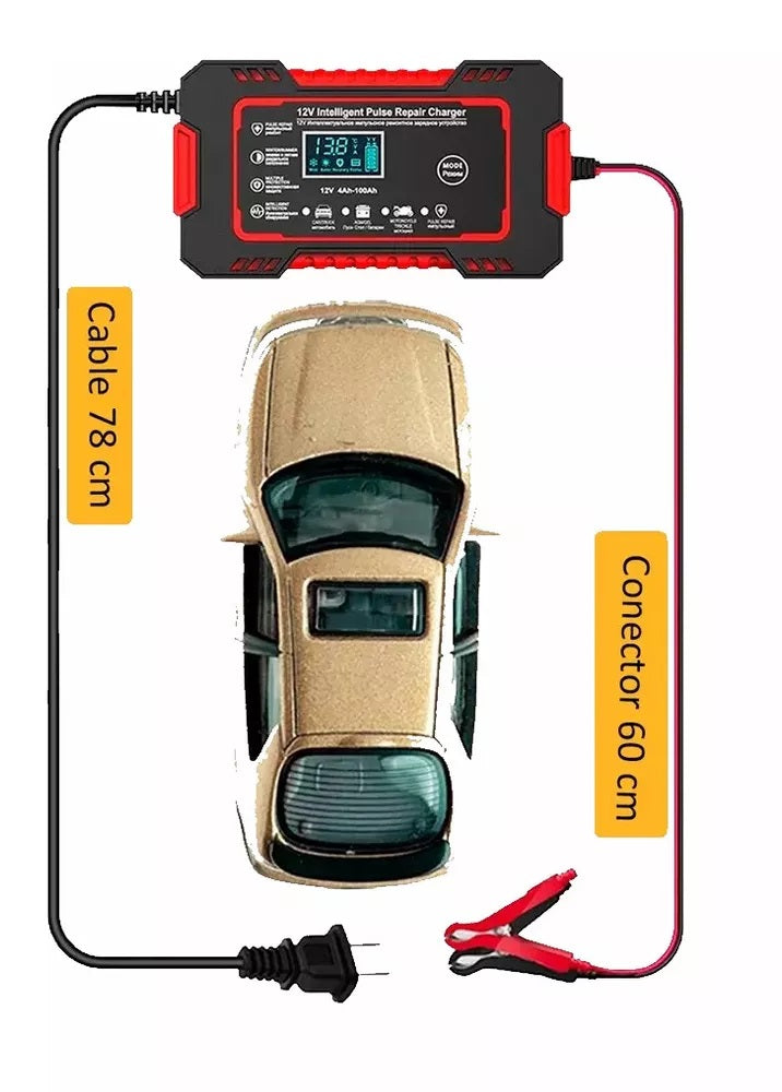Cargador Inteligente 12V para Carro y Moto – Con Pantalla Digital y Protección Automática|