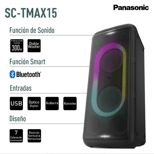 Torre de Sonido Panasonic SC-TMAX15 300 W RMS – Doble Woofer & Iluminación LED