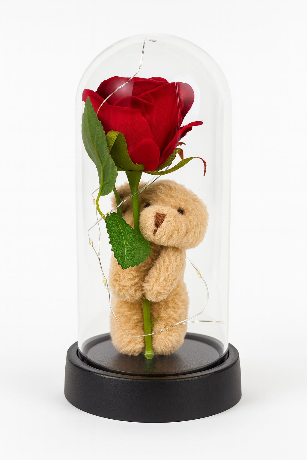 🌹 Oso con Rosa y Luces LED en Campana de Vidrio – El detalle perfecto para regalar