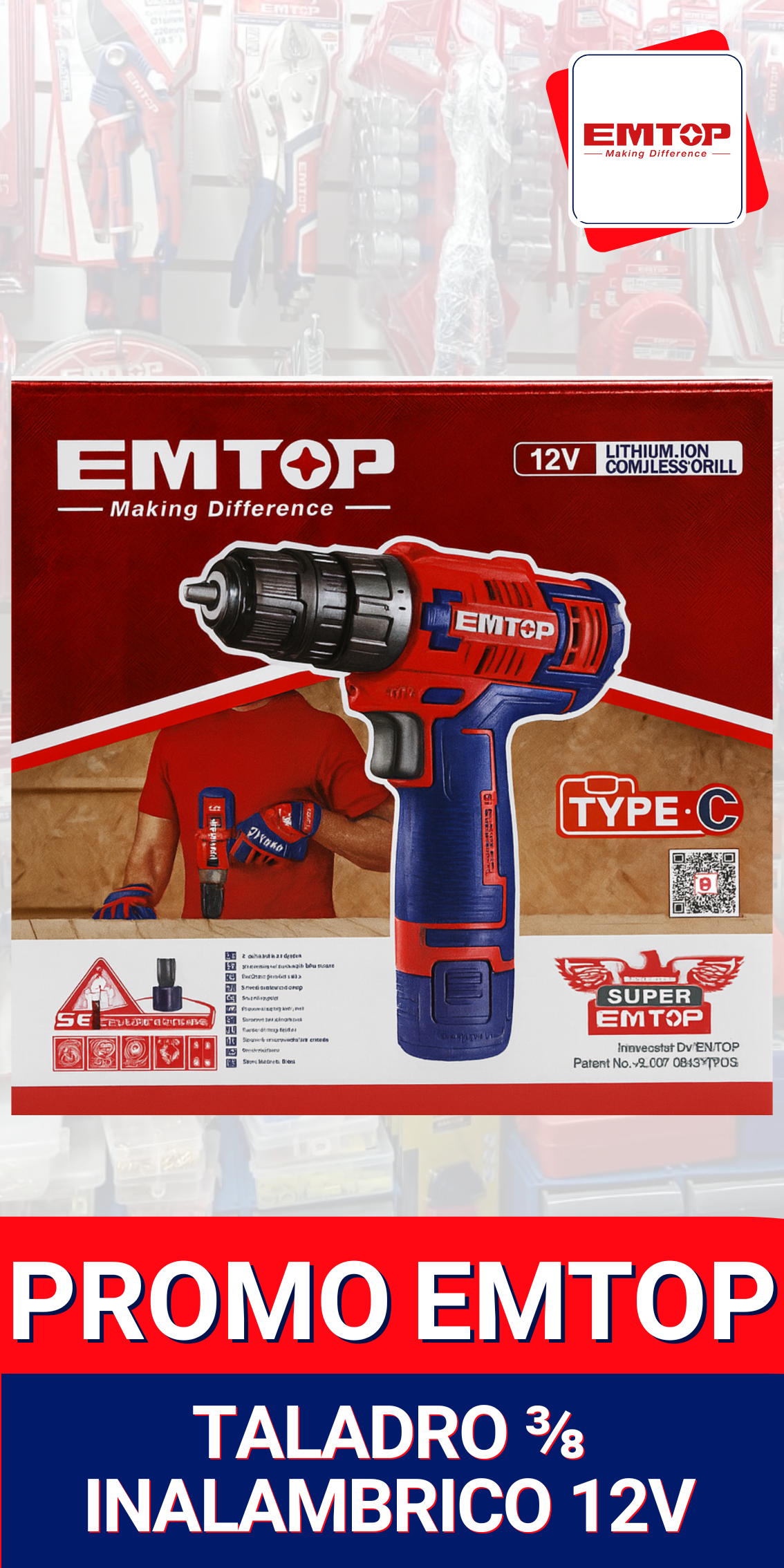 🔧 Taladro Inalámbrico EMTOP 12V 3/8 – Potencia y Comodidad en tus manos