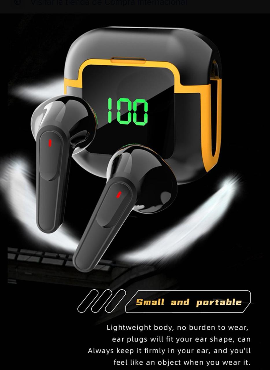 Audífonos Bluetooth con Pantalla LED, Cancelación de Ruido y Estuche Digital - Diseño Deportivo Negro/Amarillo