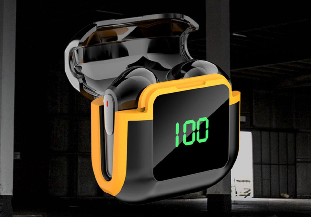 Audífonos Bluetooth con Pantalla LED, Cancelación de Ruido y Estuche Digital - Diseño Deportivo Negro/Amarillo