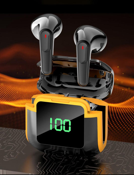 Audífonos Bluetooth con Pantalla LED, Cancelación de Ruido y Estuche Digital - Diseño Deportivo Negro/Amarillo