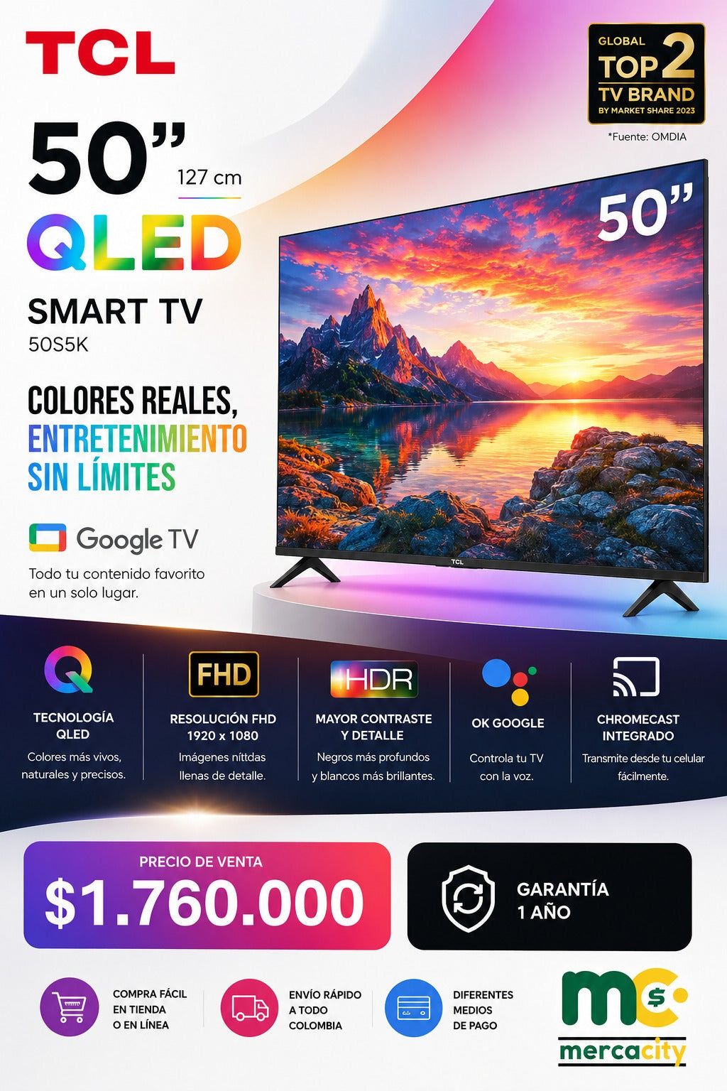 TELEVISOR TCL 50" PULGADAS QLED SMART TV