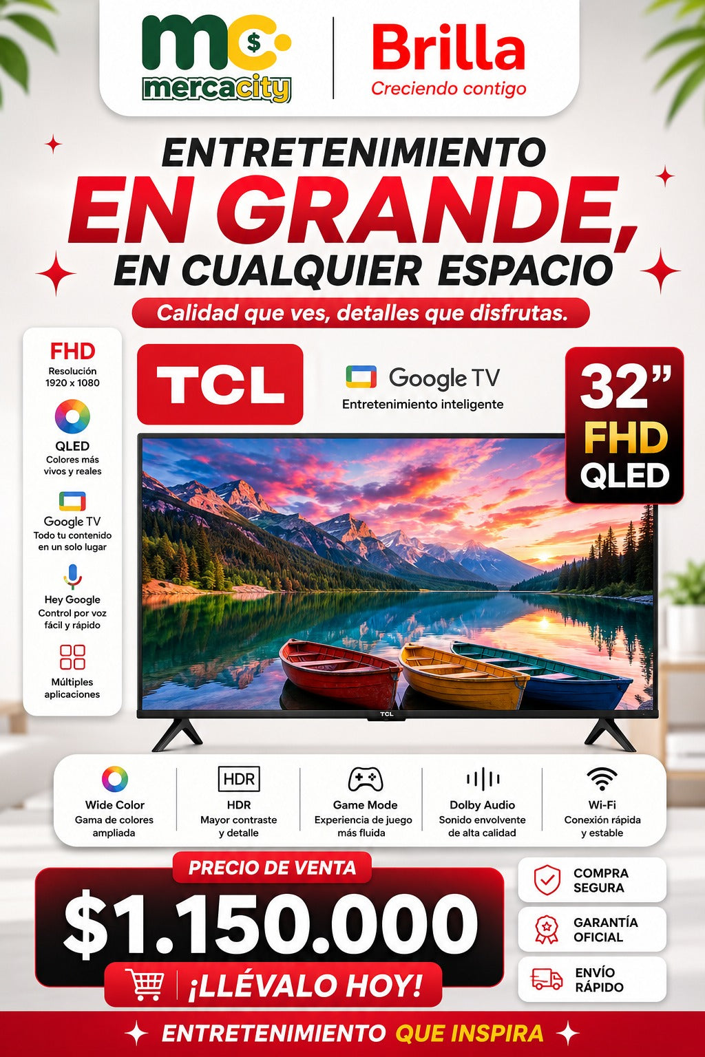 TELEVISOR TCL 32" PULGADAS FHD QLED
