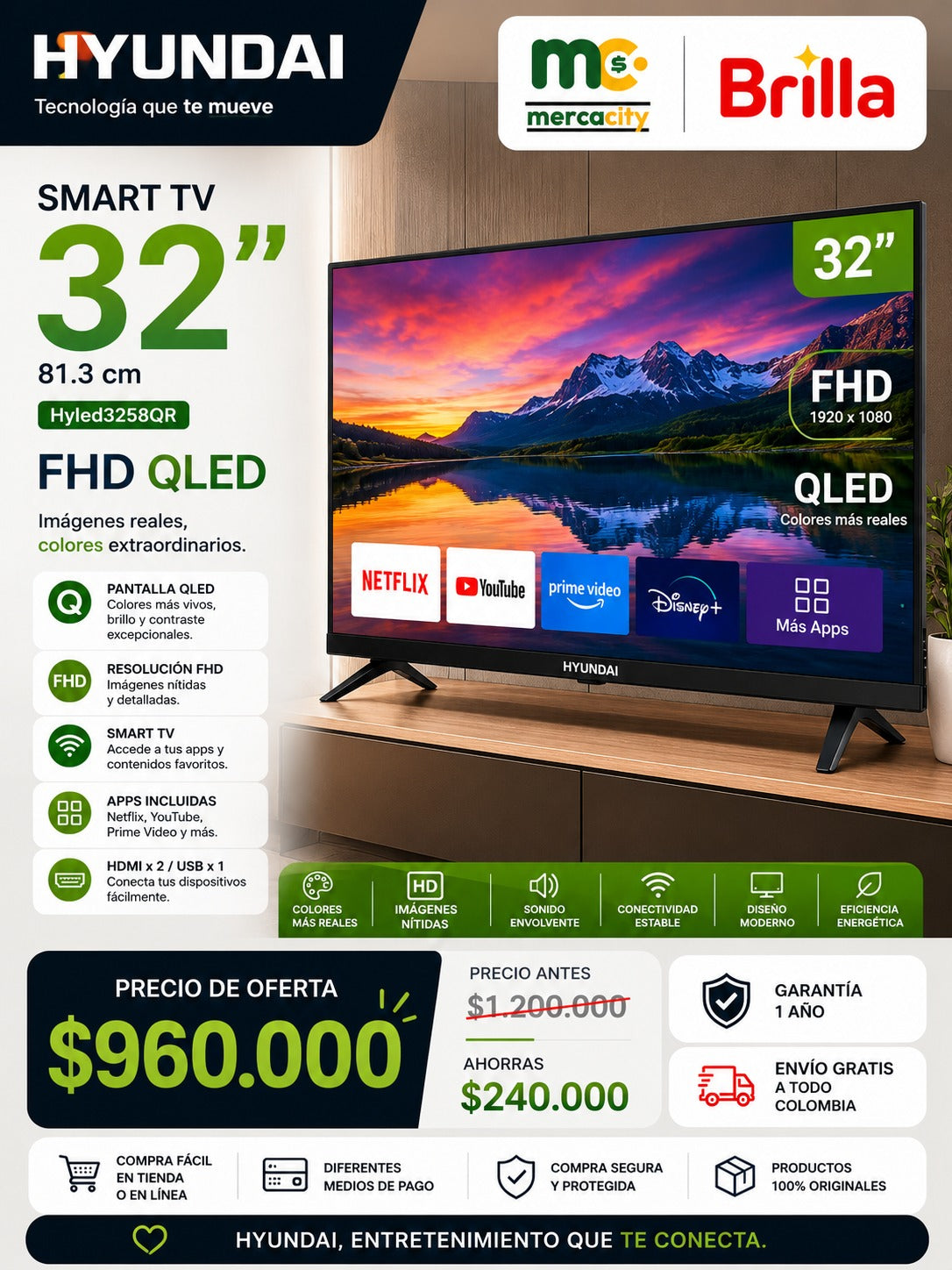 TELEVISOR HYUNDAI 32" PULGADAS FHD QLED SMART TV