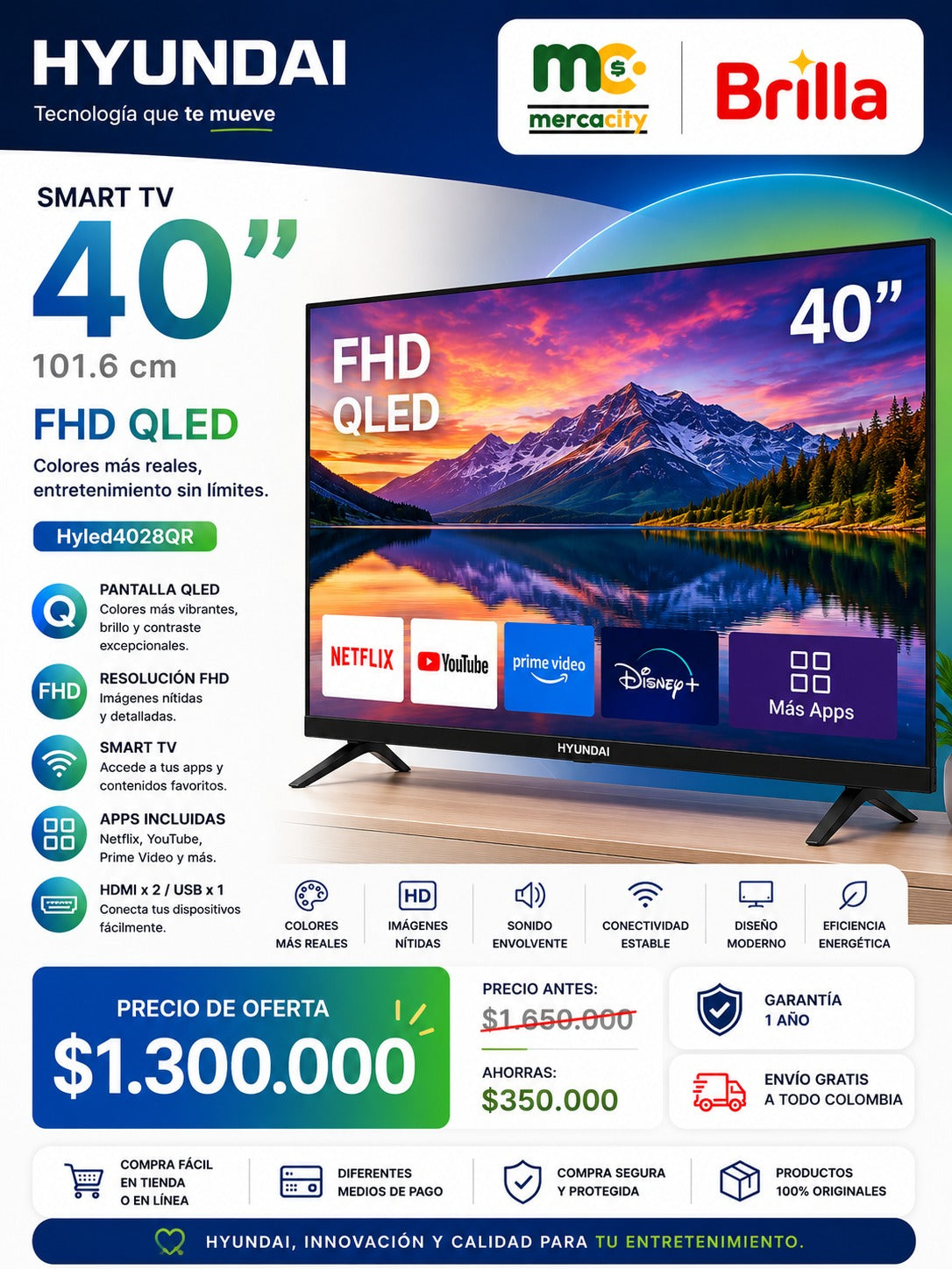 TELEVISOR HYUNDAI 40" PULGADAS FHD QLED