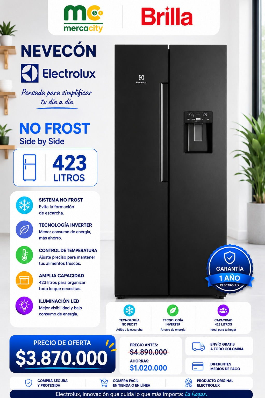 NEVECON ELECTROLUX NO FROST SIDE BY SIDE 423 LITROS