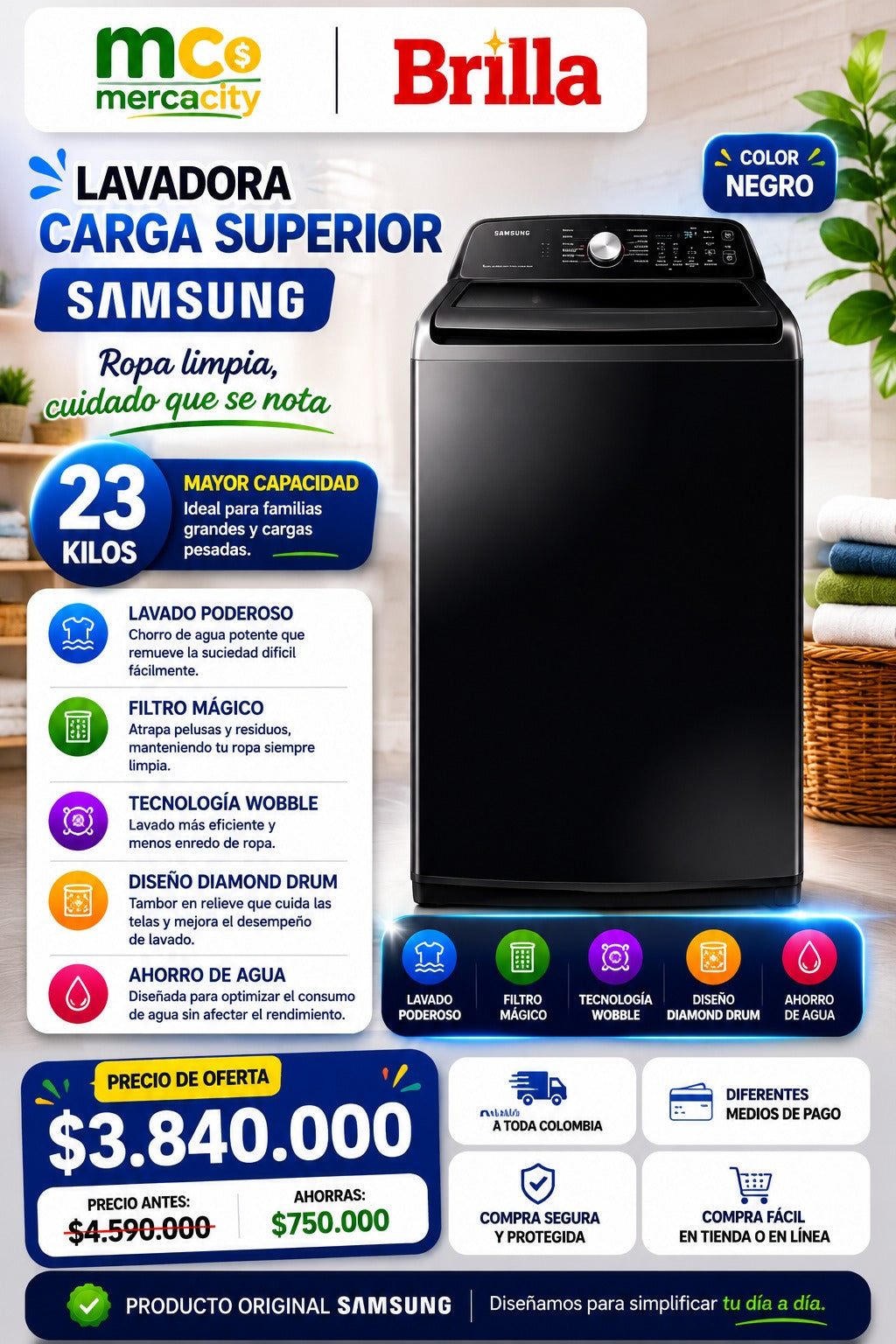 LAVADORA SAMSUNG CARGA SUPERIOR 23 KILOS COLOR NEGRO