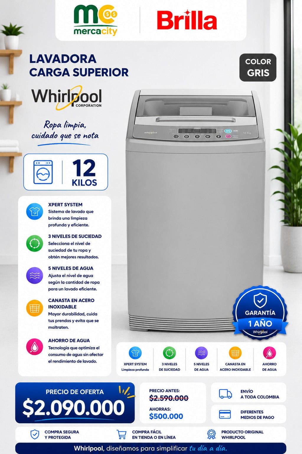 LAVADORA WHIRLPOOL CARGA SUPERIOR 12 KILOS COLOR GRIS