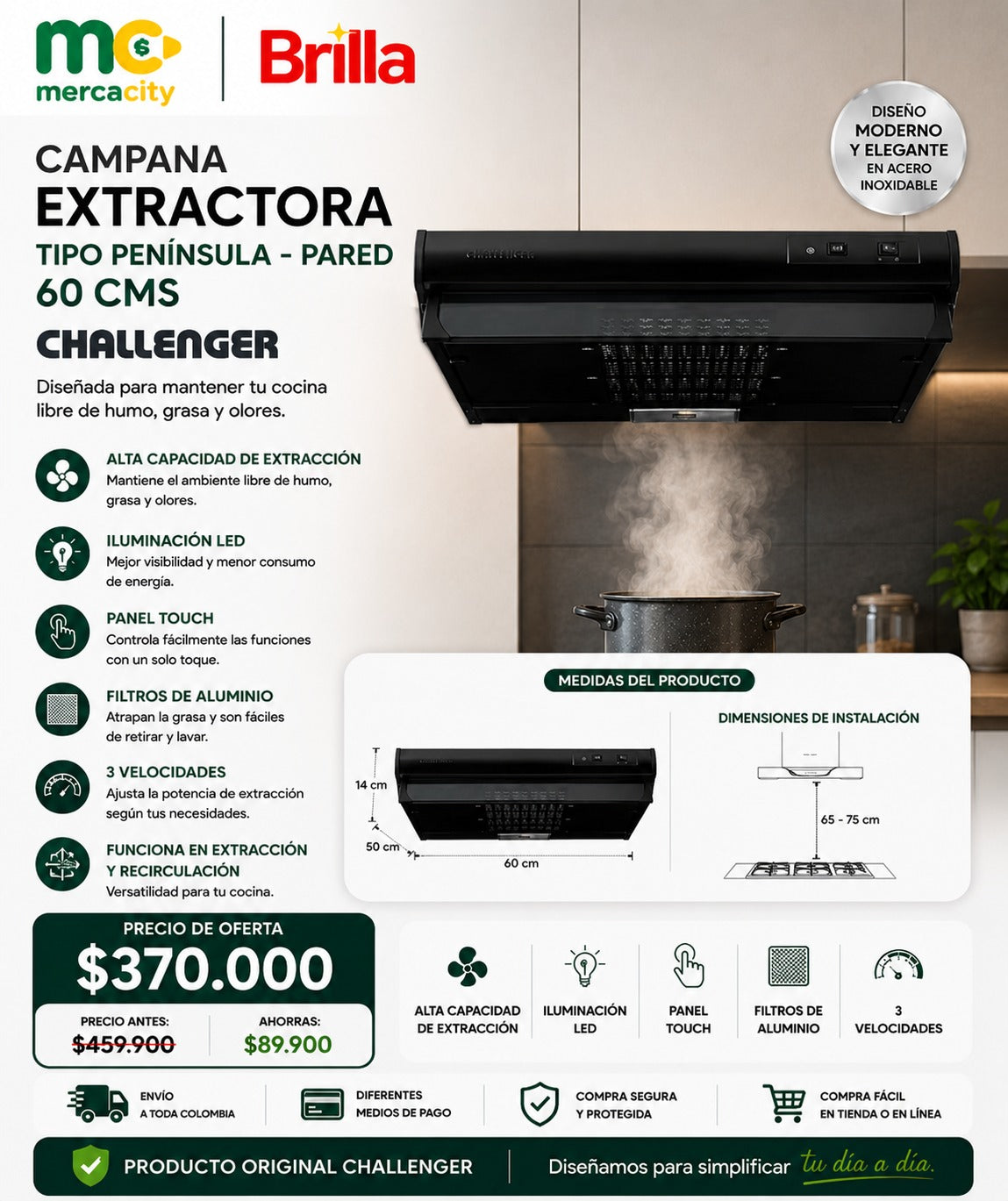 CAMPANA EXTRACTORA TIPO PENINSULA-PARED 60CM CHALLENGER
