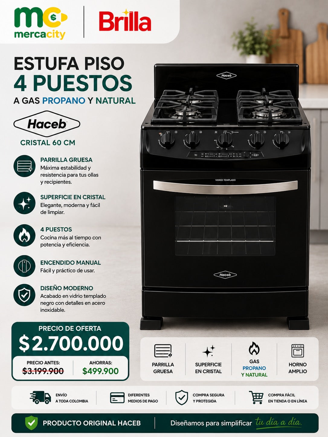 ESTUFA PISO 4 PUESTOS A GAS PROPANO Y NATURAL HACEB