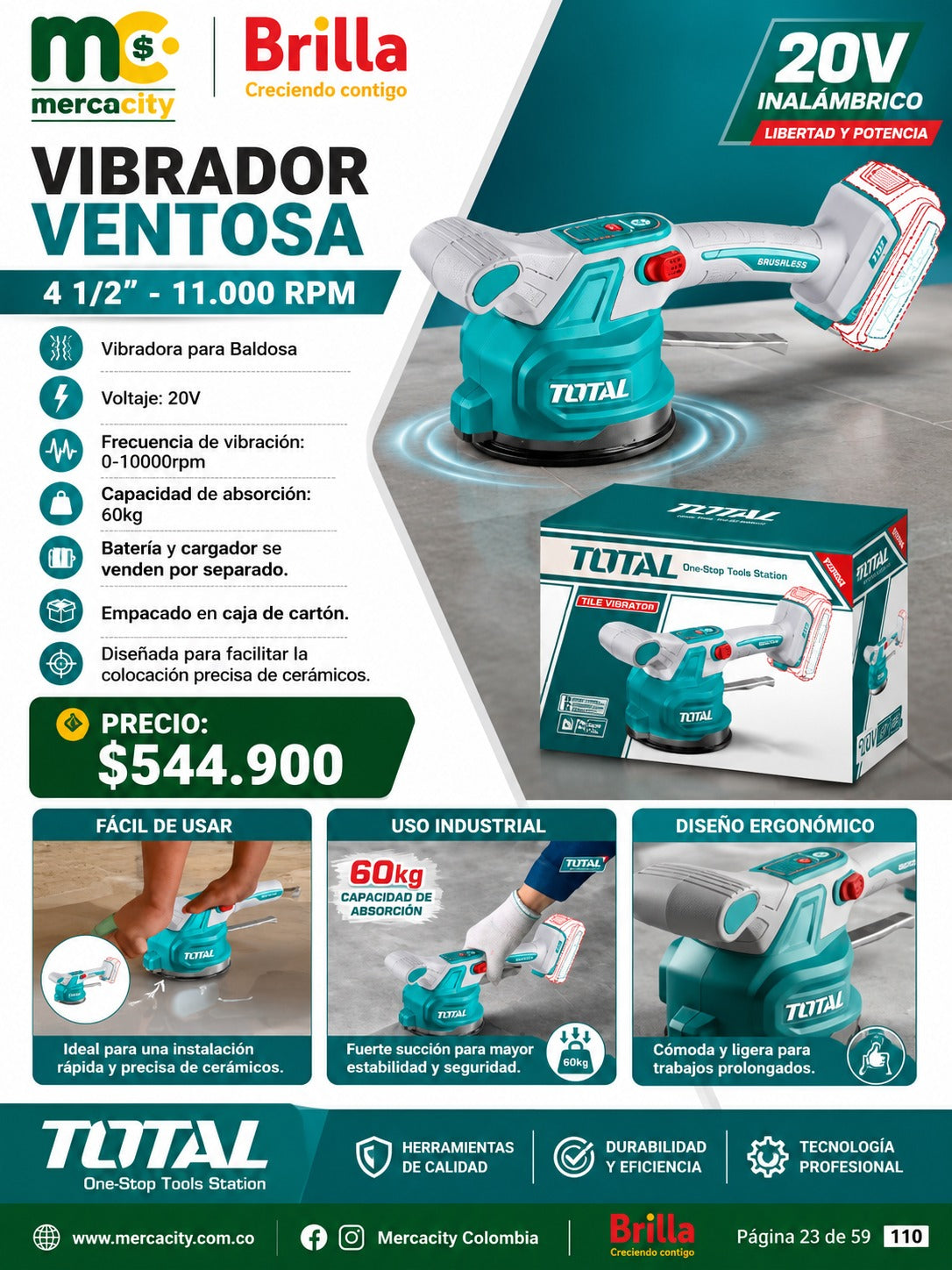 VIBRADOR VENTOSA 4 1/2" 11.000 RPM 20V INALAMBRICO TOTAL