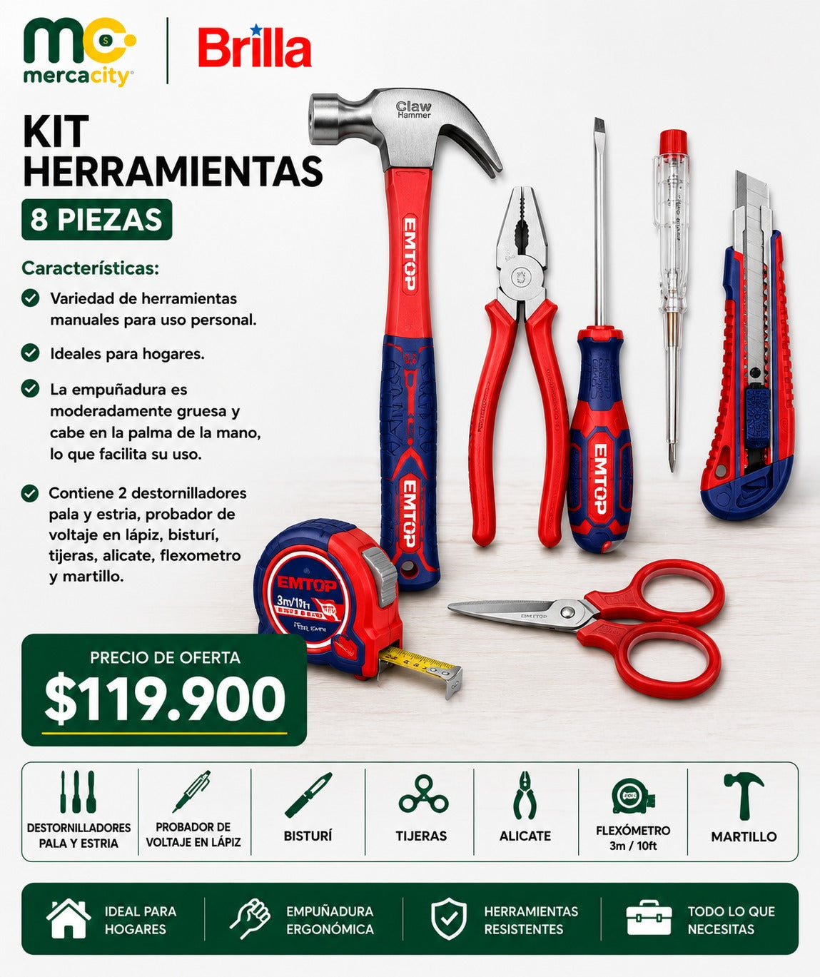 KIT HERRAMIENTAS 8 PIEZAS EMTOP