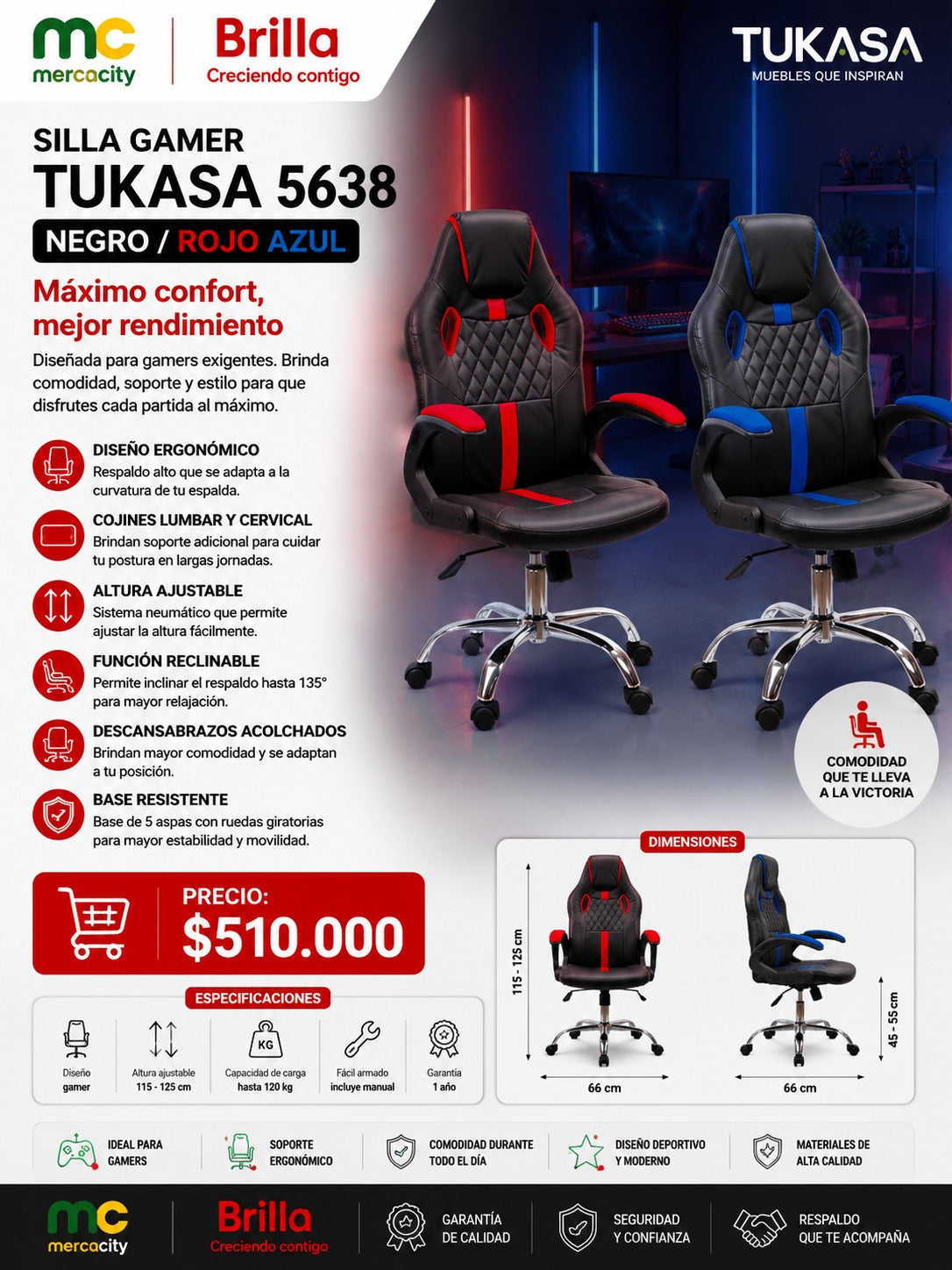 SILLA GAMER TUKASA 5638 EN COLOR NEGRO,ROJO Y AZUL