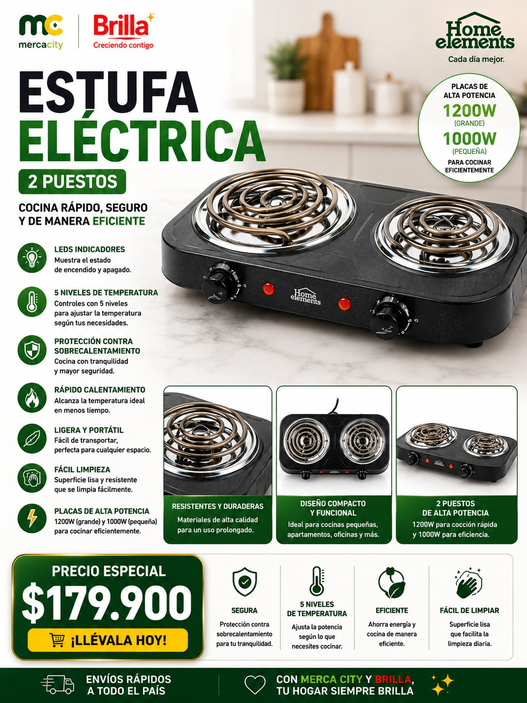 ESTUFA ELECTRICA 2 PUESTOS HOME ELEMENTS 1200W