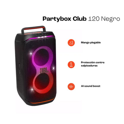 Parlante JBL PartyBox Club 120 – 160 W RMS, Luces RGB, Batería Intercambiable
