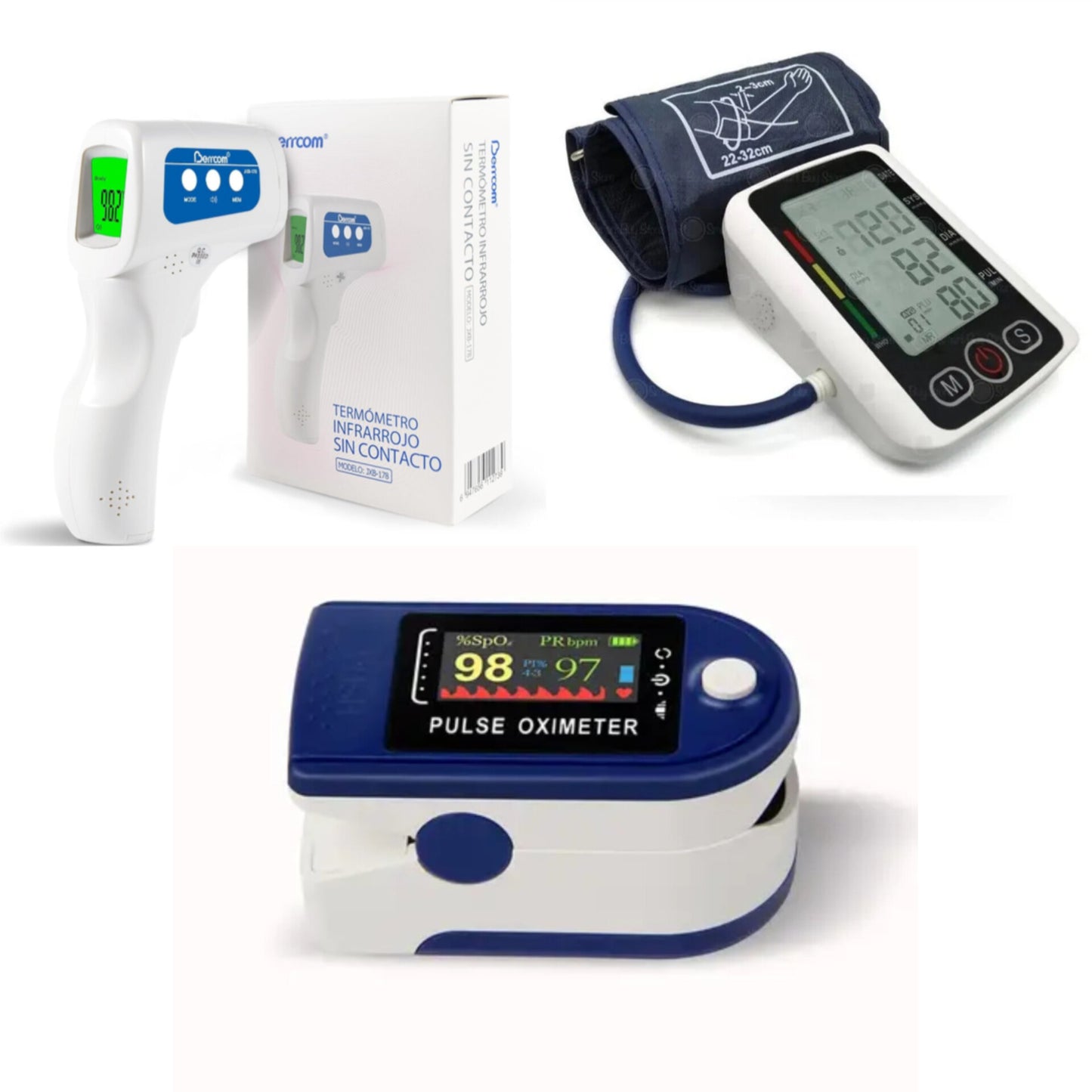 Set Salud 3 en 1 – Tensiómetro con Voz, Termómetro Berrcom y Oxímetro con Cur