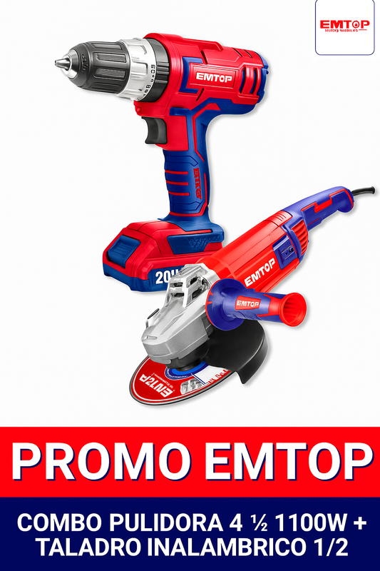Combo EMTOP – Pulidora 1100W + Taladro Inalámbrico ½"