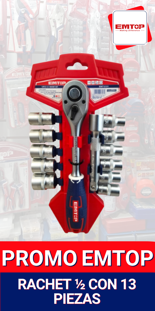 Juego de Rachet EMTOP ½ con 13 piezas – Herramienta resistente y profesional