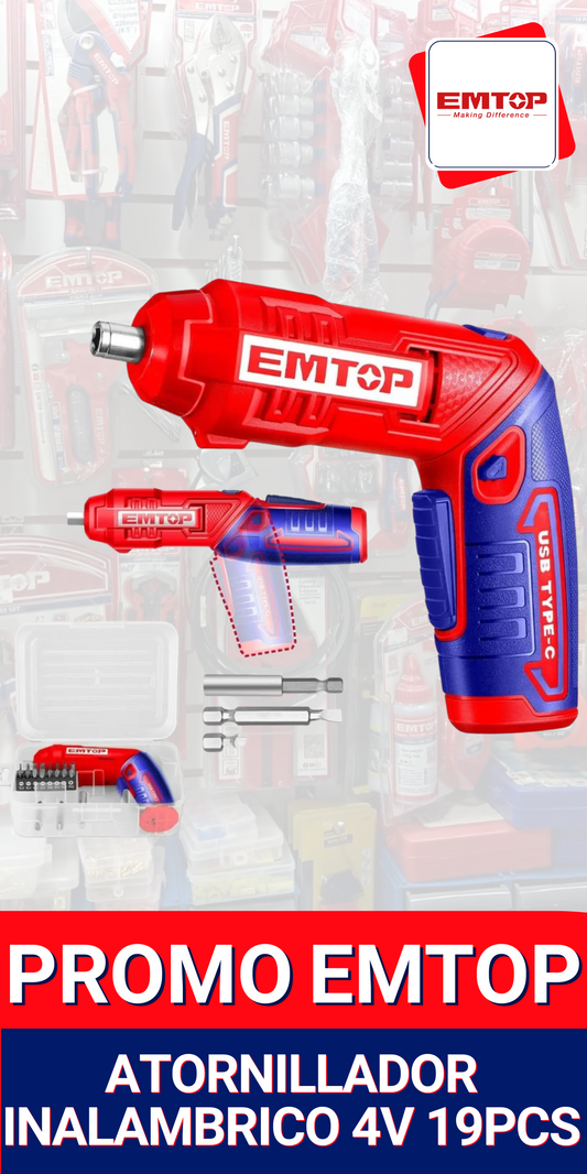 Atornillador Inalámbrico EMTOP 4V con 19 piezas – Compacto, potente y versátil
