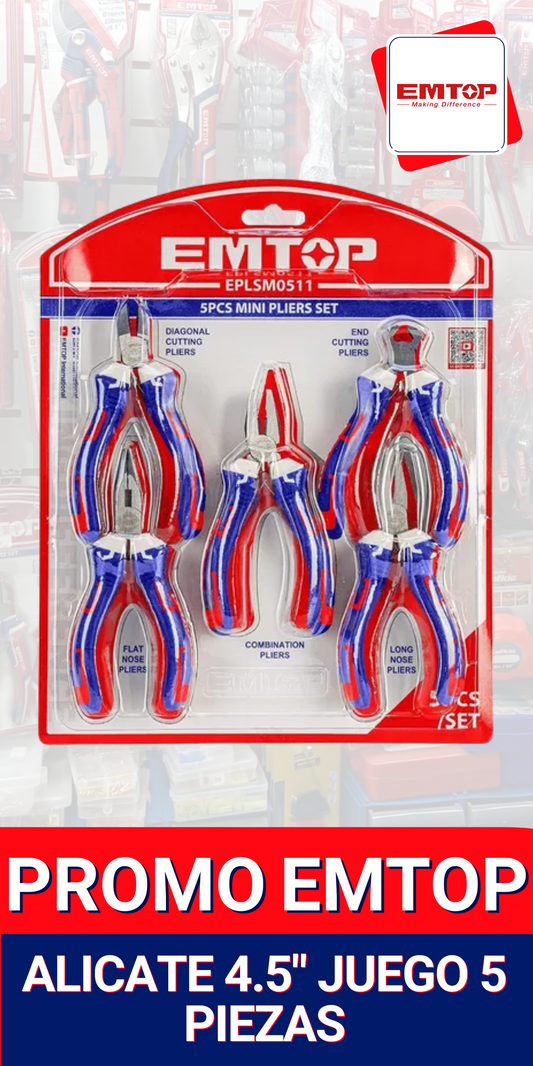 Juego de Alicates EMTOP 4.5” – Set de 5 piezas profesionales