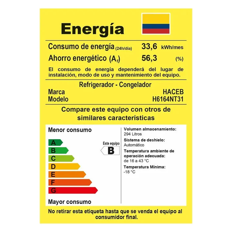 Nevera Haceb N311 No Frost 294 L – Manija Interna Titanio / Gris Plomo, Eficiencia Energética B