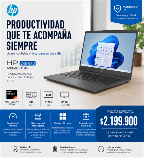 Portátil HP 245 G10 AMD Ryzen 3 8GB 512GB SSD 14" HD