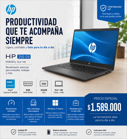 HP 250 G9 Portátil 15.6” HD Intel Celeron N4500 8GB RAM 256GB SSD Windows 11