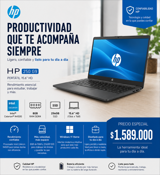 HP 250 G9 Portátil 15.6” HD Intel Celeron N4500 8GB RAM 256GB SSD Windows 11