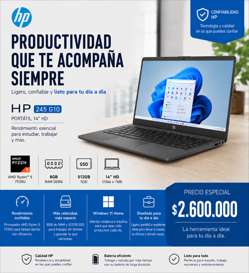 HP 245 G10 Portátil 14” HD AMD Ryzen 5 7530U 8GB RAM 512GB SSD Windows 11