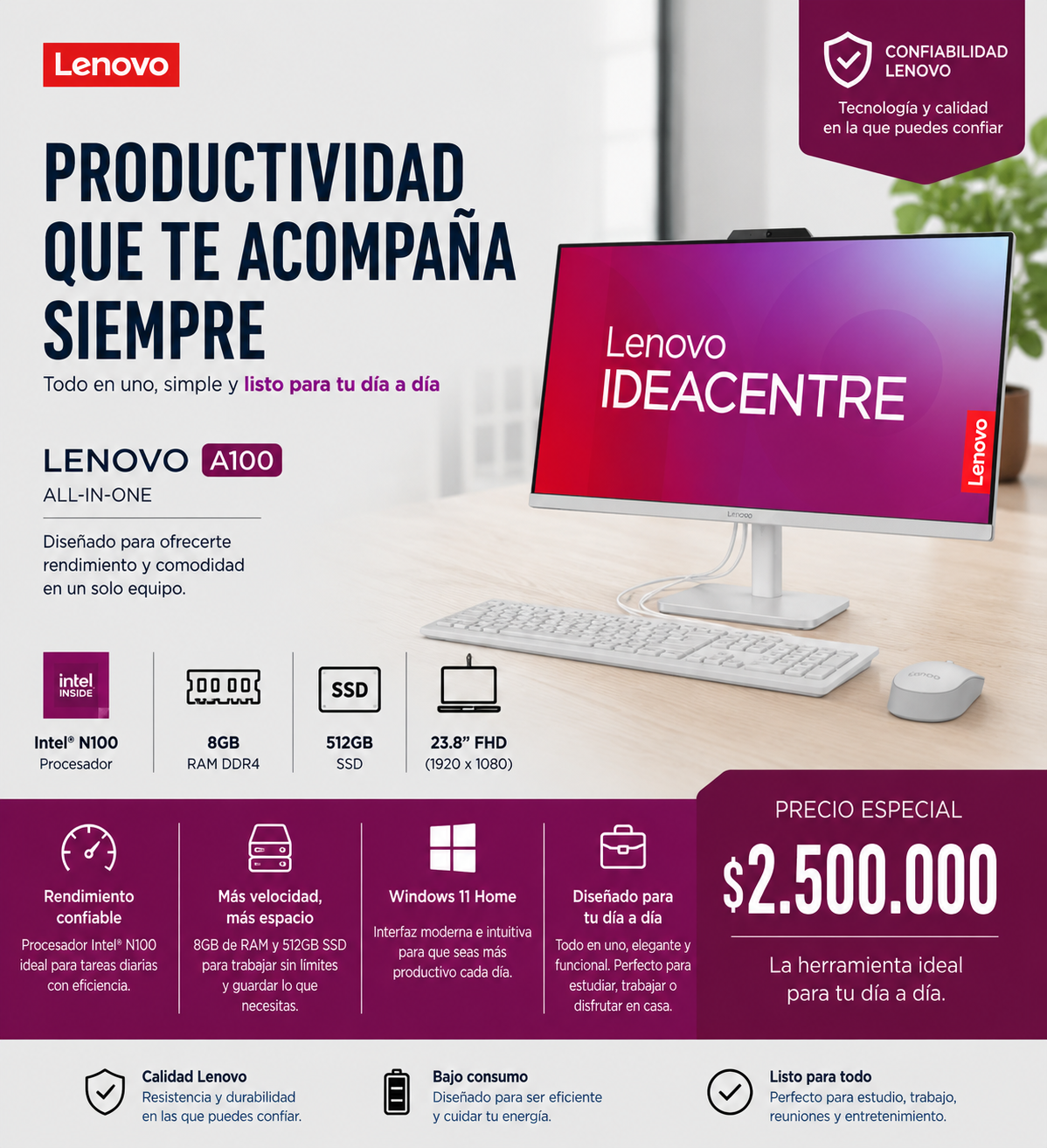 Lenovo IdeaCentre A100 All-in-One 23.8” FHD Intel N100 8GB RAM 512GB SSD Windows 11