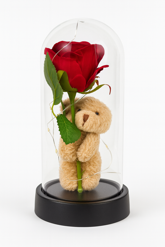 🌹 Oso con Rosa y Luces LED en Campana de Vidrio – El detalle perfecto para regalar