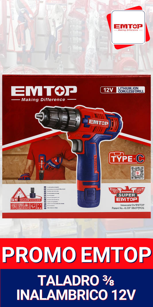 🔧 Taladro Inalámbrico EMTOP 12V 3/8 – Potencia y Comodidad en tus manos
