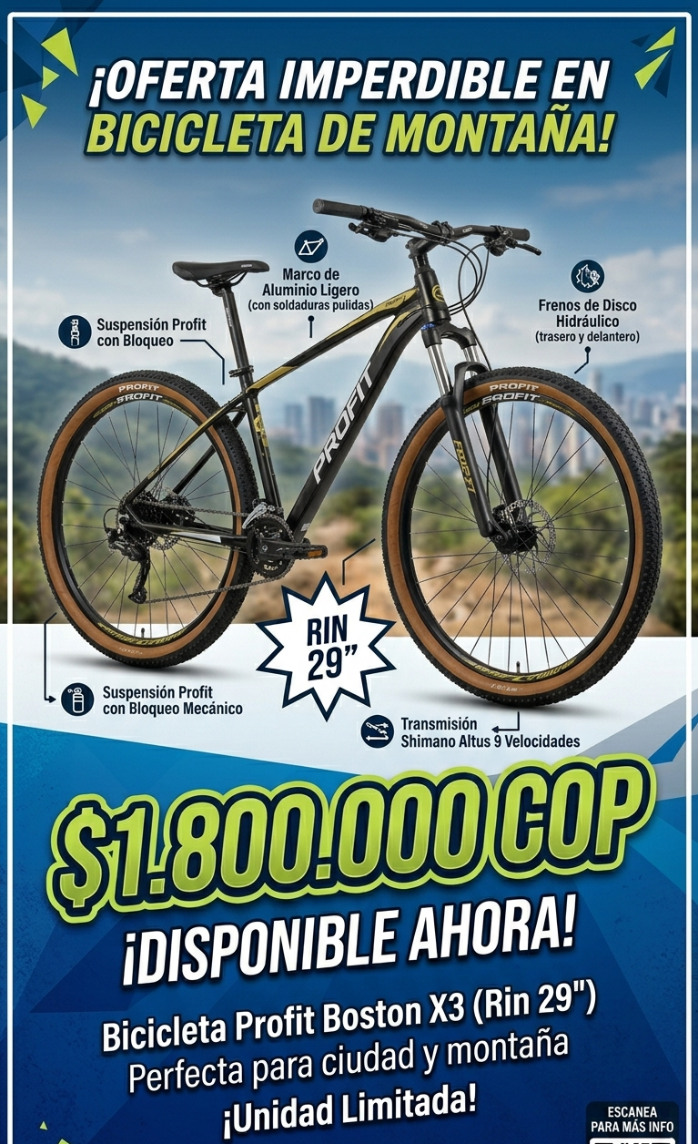 Bicicleta de Montaña Profit Boston X3 - Rin 29" | Shimano Altus 9V