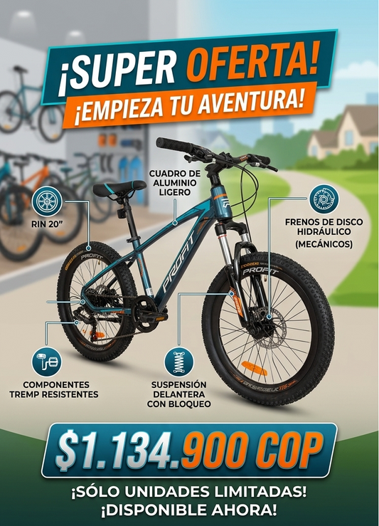 Bicicleta MTB Profit Rin 20" - Aluminio Ligero con Suspensión y Frenos de Disco