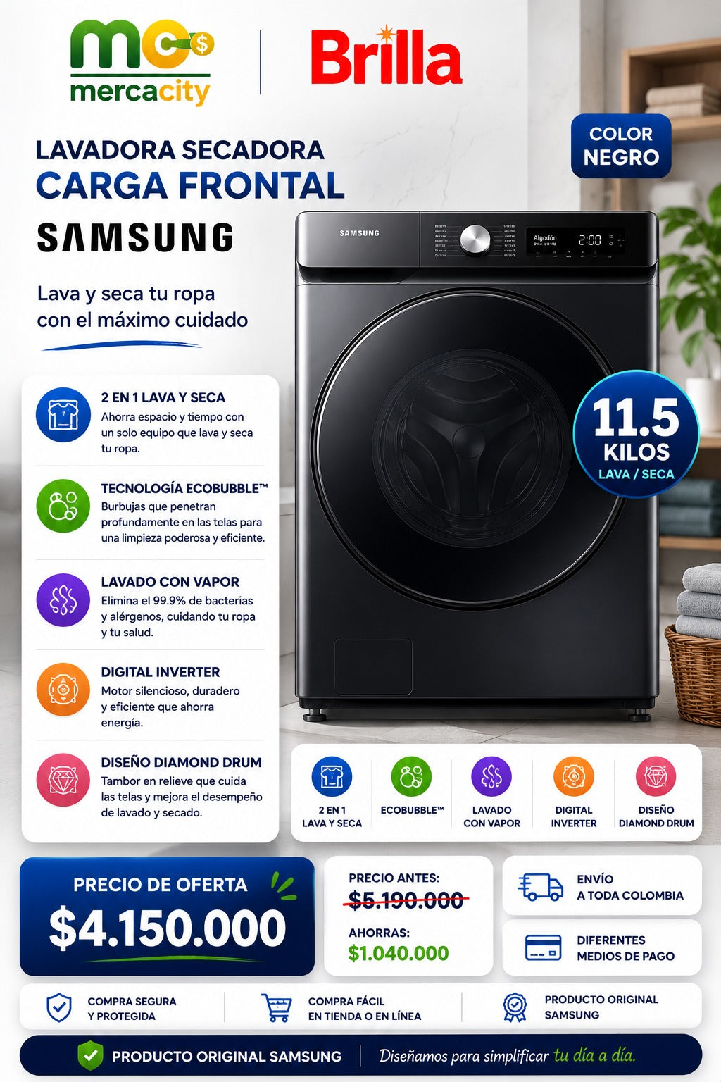 LAVADORA SECADORA SAMSUNG CARGA FRONTAL 11.4 KILOS