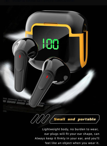 Audífonos Bluetooth con Pantalla LED, Cancelación de Ruido y Estuche Digital - Diseño Deportivo Negro/Amarillo