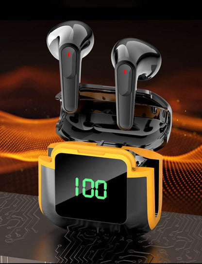 Audífonos Bluetooth con Pantalla LED, Cancelación de Ruido y Estuche Digital - Diseño Deportivo Negro/Amarillo
