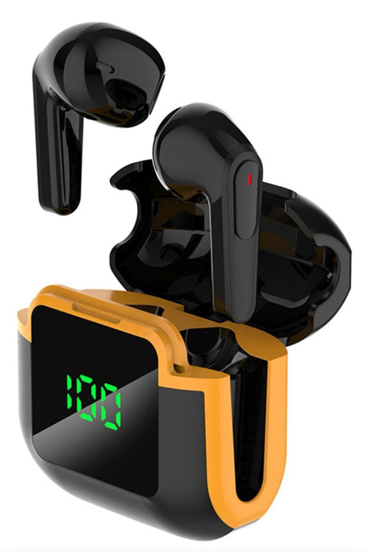 Audífonos Bluetooth con Pantalla LED, Cancelación de Ruido y Estuche Digital - Diseño Deportivo Negro/Amarillo