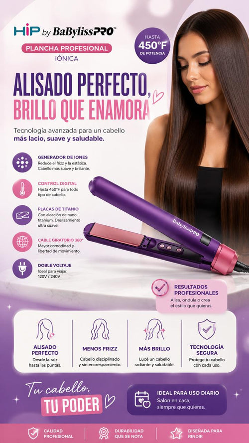 Plancha Profesional Iónica HIP by BabylissPRO 450°F | Alisado Perfecto y Brillo Radiante