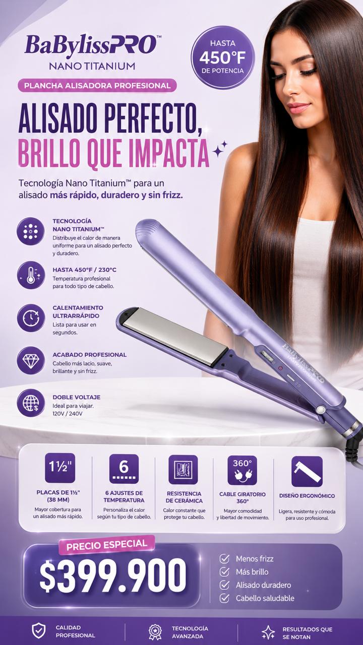 Plancha BabylissPRO Nano Titanium 1½” Profesional 450°F | Alisado Rápido y Brillo Extremo
