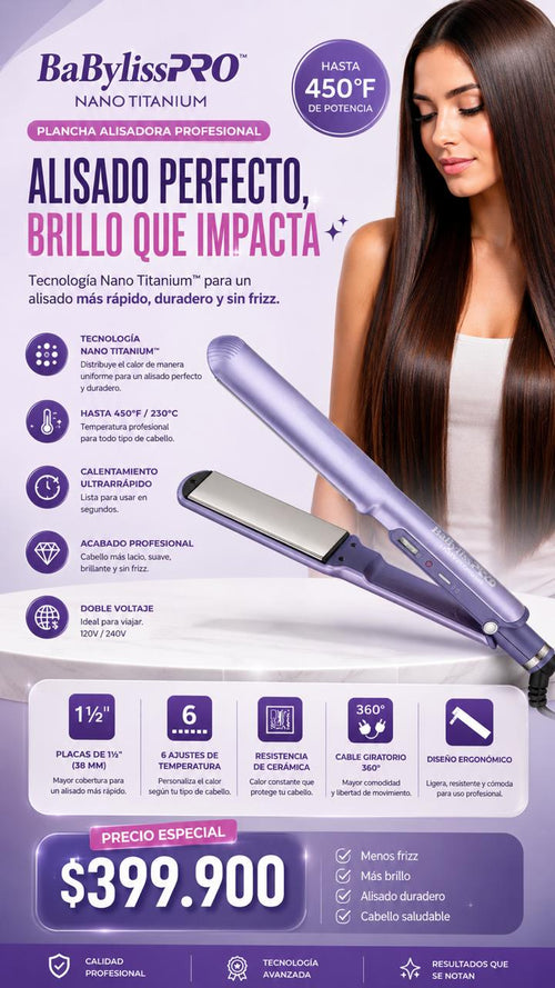 Plancha BabylissPRO Nano Titanium 1½” Profesional 450°F | Alisado Rápido y Brillo Extremo