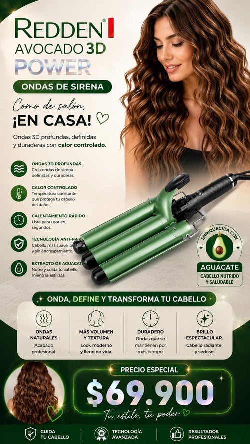 Ondulador Triple Redden Avocado 3D Power | Ondas de Sirena Profesionales en Casa
