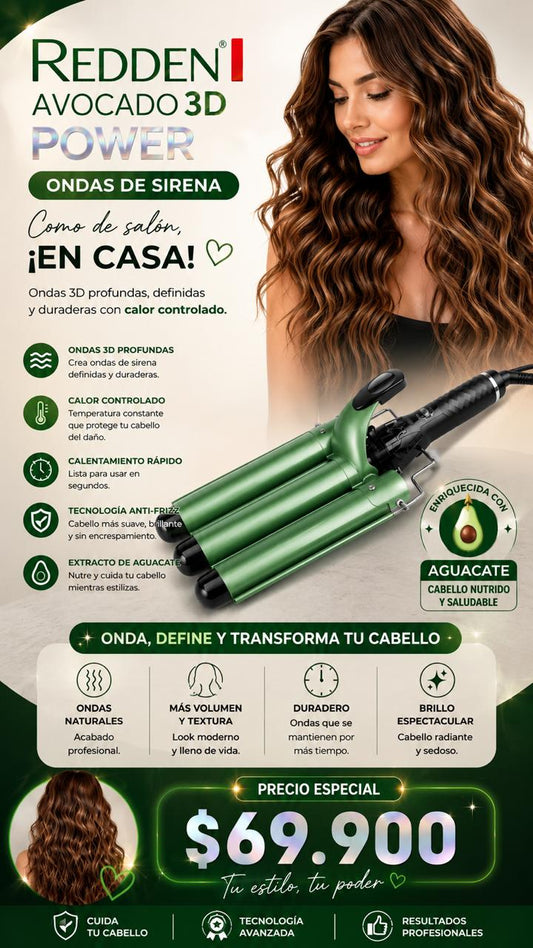 Ondulador Triple Redden Avocado 3D Power | Ondas de Sirena Profesionales en Casa