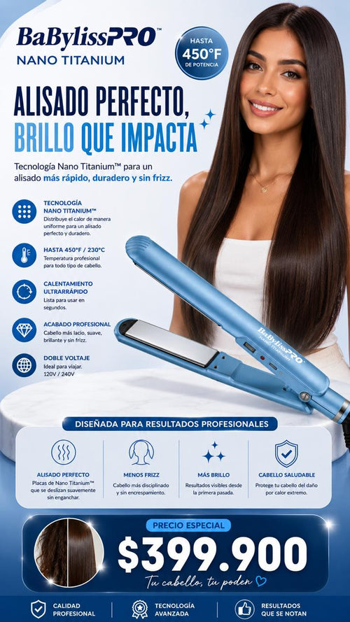 Plancha BabylissPRO Nano Titanium Profesional Hasta 450°F | Alisado Perfecto Sin Frizz