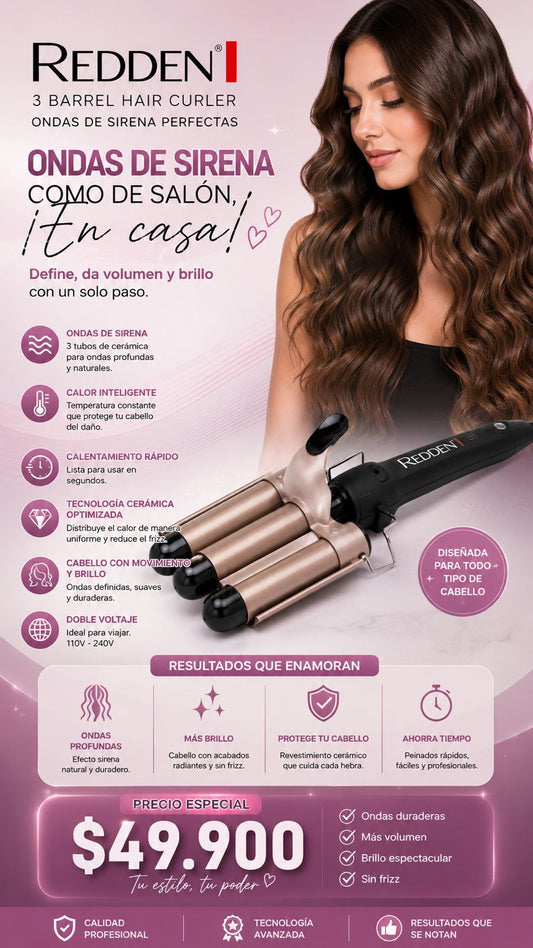 Ondulador Triple Redden 3 Barrel Hair Curler | Ondas de Sirena Profesionales