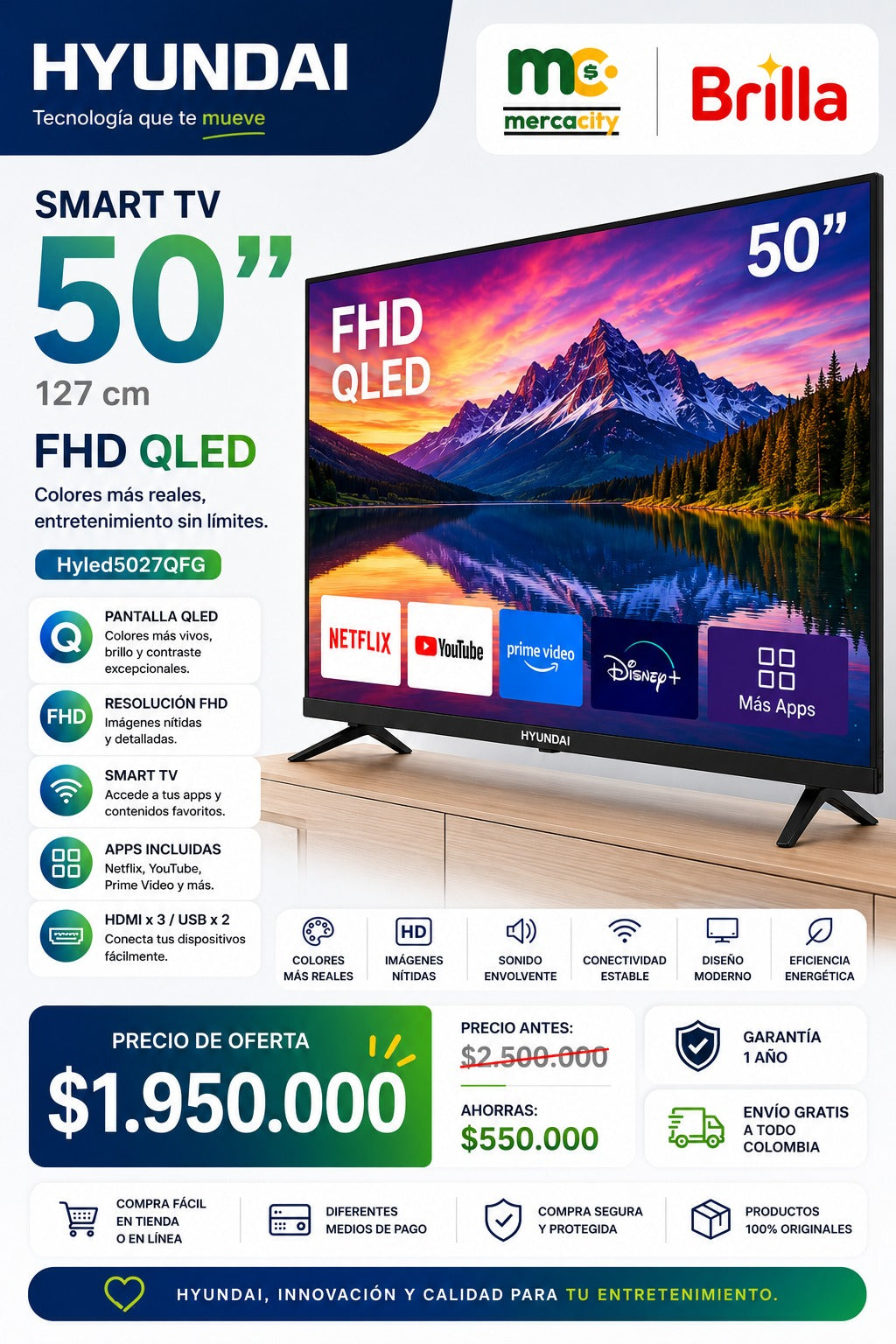 TELEVISOR HYUNDAI 50" PULGADAS SMART TV FHD QLED