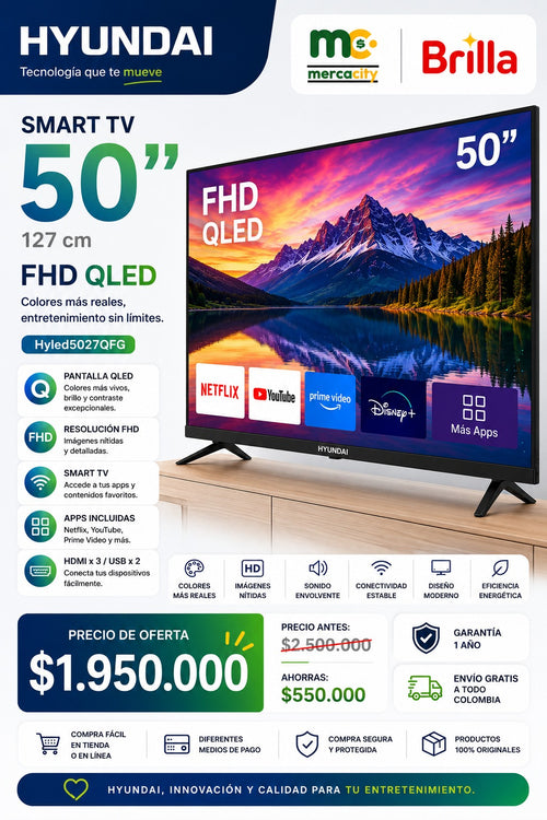 TELEVISOR HYUNDAI 50" PULGADAS SMART TV FHD QLED